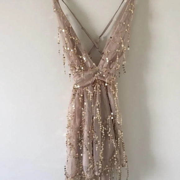 NEW! Gold Sequin Chiffon Lace Overlay Strappy V-Neck Evening Dress - Picture 7 of 10